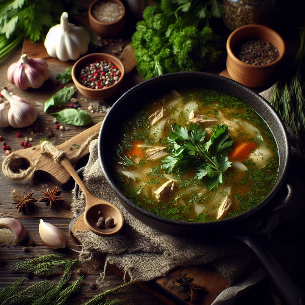 Vegetable herb soup on table with ingredients