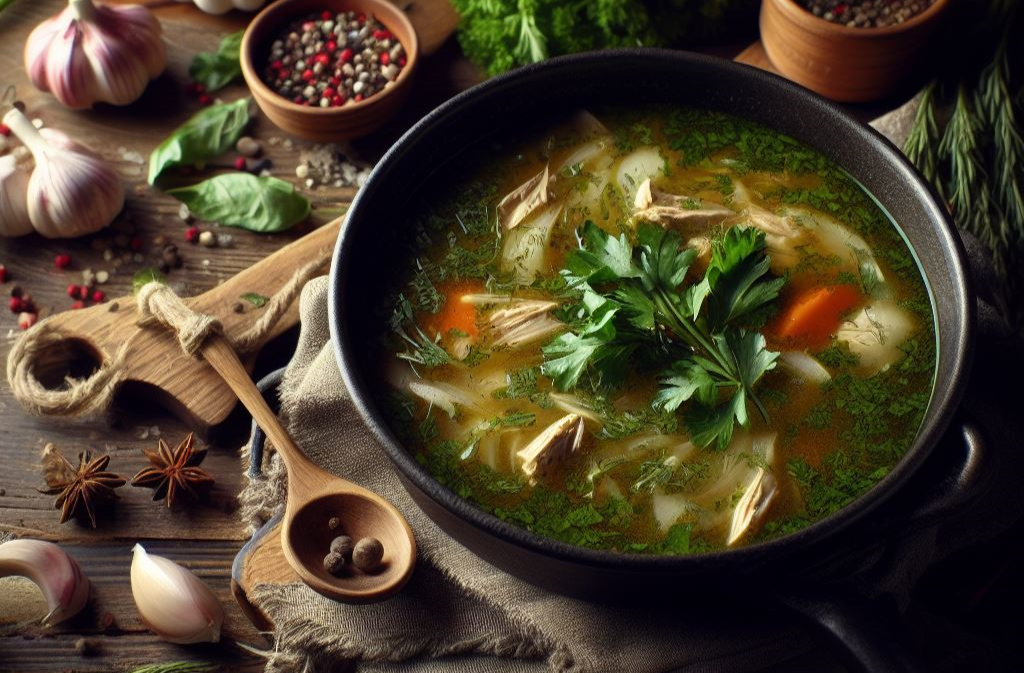 Vegetable herb soup on table with ingredients